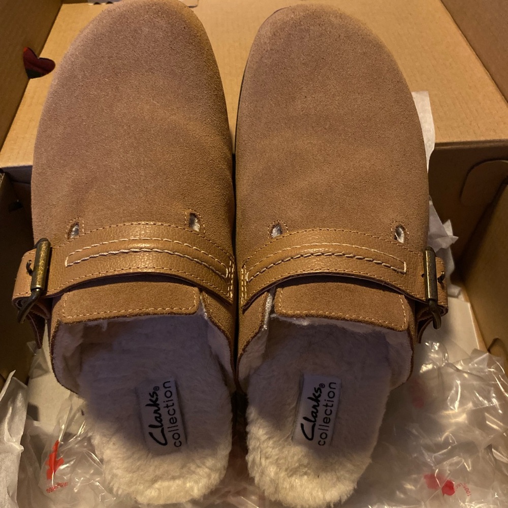Clarks Brown Suede Buckle clogs. *NWT*
